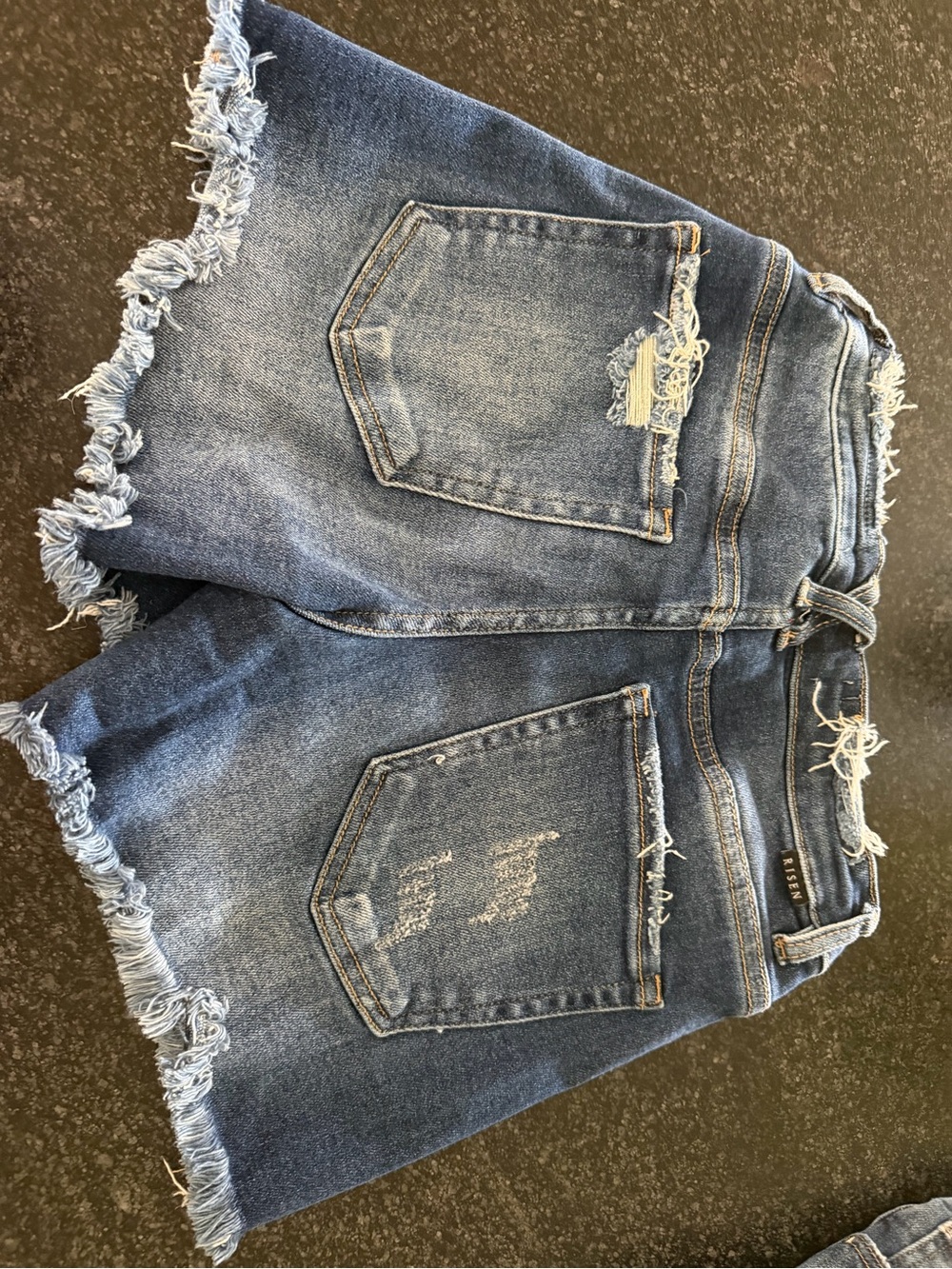 Risen Frayed Hem Distressed High-Rise Jean Shorts - Blue - Picture 2 of 3